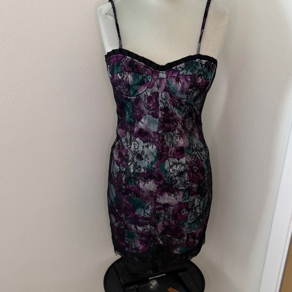 Marchesa sexy corset bustier mini lace dress purple black green 0 XS